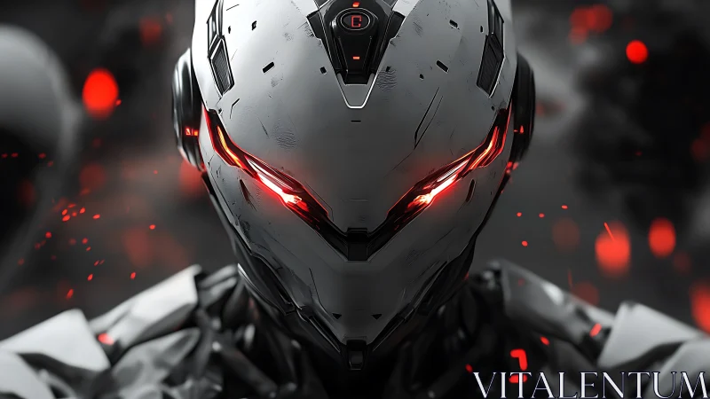 Futuristic combat android portrait with glowing red eyes.