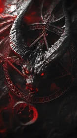 Demonic horned entity integrated with infernal sigil geometry.