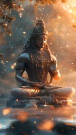 Serene stone deity statue in misty river with warm bokeh light