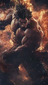 Fiery muscular warrior unleashes power in blazing chaos.