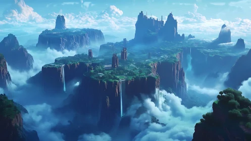 Floating mountain citadel emerges through atmospheric cloud layers with architectural towers.
