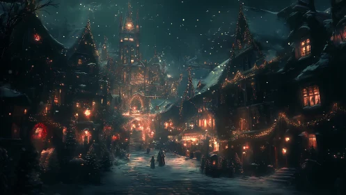 Snowlit medieval town square glows with festive illuminations
