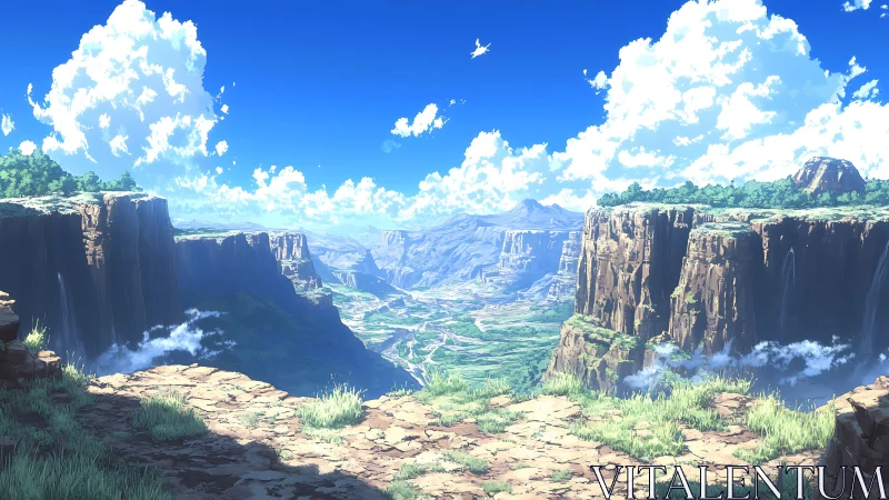 Stratified canyon plateau under cumulus-dense azure sky.