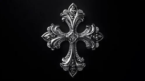 Ornate Silver Cross with Baroque Detailing on Black Background.