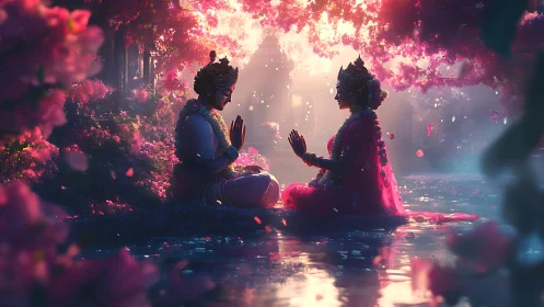 Two figures in luminous bioluminescent garden with floating particles.