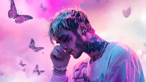 Tattooed dreamer grieves beneath neon clouds and butterflies