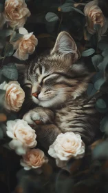 Sleeping Tabby Cat Among Blooming Roses