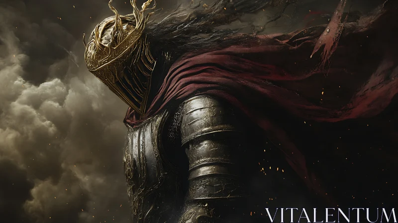 Armored dark knight under stormy sky with tattered cloak.