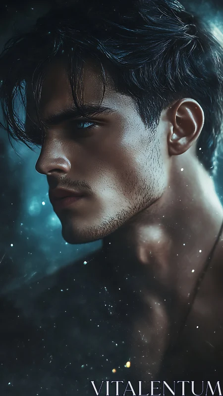 Cinematic male portrait in teal bokeh nebula lighting profile