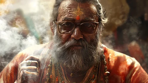 Elderly holy man gazes through incense haze with calm resolve