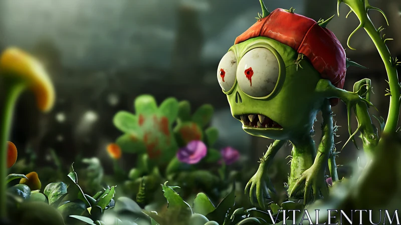 Spiky green zombie plant stalks lush garden at dusk.