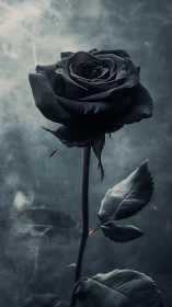 Single black rose in moody smoky blue background.