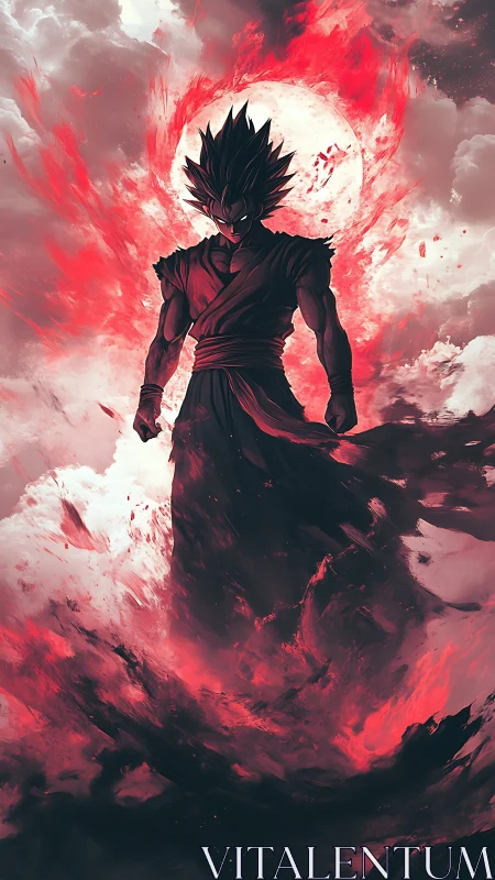 Dark anime warrior stands before blazing blood-red sun.