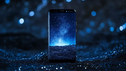 Smartphone with starry galaxy display in blue light.