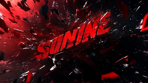 Exploding red SUNINE text with dynamic shattered fragments.