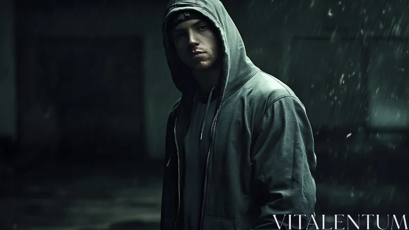 Hooded figure in cinematic low key rainlit streetscape frame.