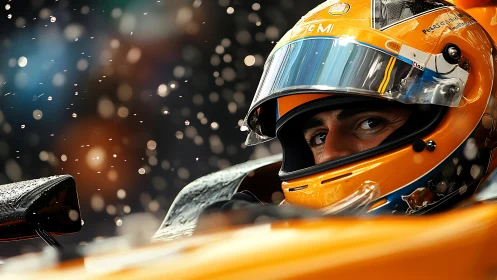 Race car driver in cockpit under rain before wet start.