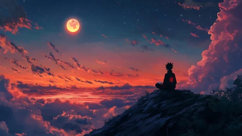 Anime lone figure watching crimson sunset moonrise sky.