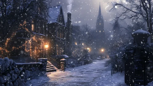 Snow-laden Victorian street renders cinematic nocturnal atmosphere