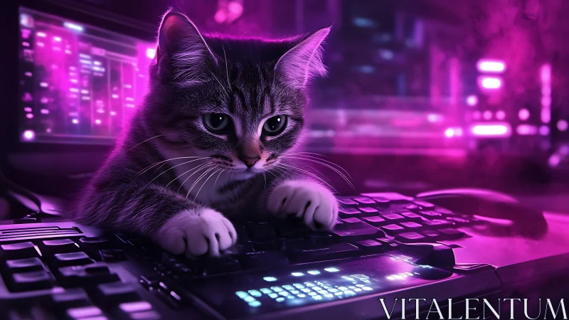 Curious cyber kitten explores a glowing neon keyboard world.