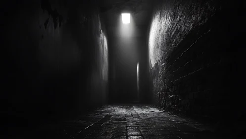 Soft light gently pierces a quiet, shadowy brick tunnel