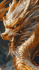Golden dragon head erupts with razor detail and motion.