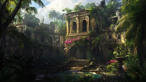 Overgrown jungle palace ruins around tranquil lagoon pool.