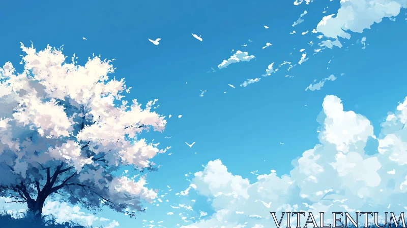 Blossoming tree and drifting clouds under a vast blue sky.