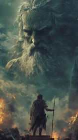 Stormfather broods above lone warrior in burning ruins.