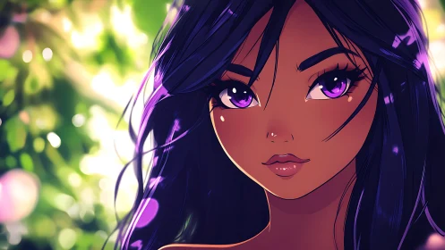 Violet-eyed daydreamer glowing softly in sunlit leaves.