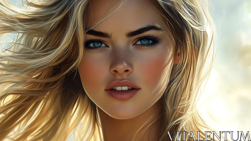 Hyperreal digital portrait of blonde woman with blue eyes.