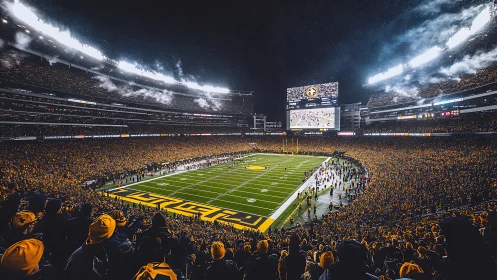 Night football stadium with full crowd and illuminated field.