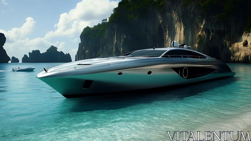 Sleek luxury yacht glides through turquoise tropical cove waters