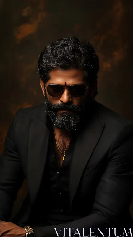 Bearded man in dark suit with sunglasses, studio portrait.