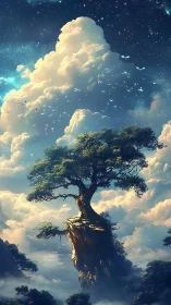 Lone skyward tree atop floating rock amid luminous clouds.