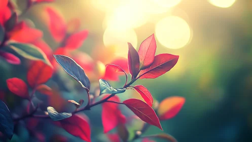 Backlit crimson foliage glows against abstract bokeh field