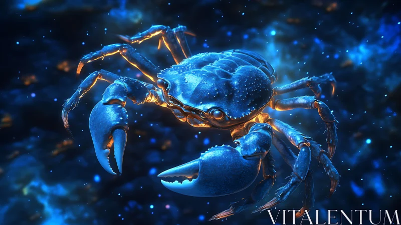 Bioluminescent blue crab drifting through cosmic ocean.