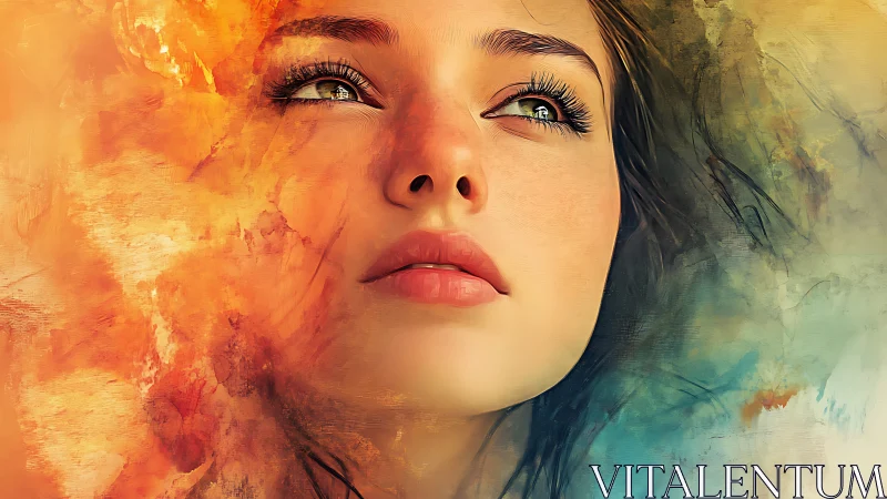 Portrait of contemplative woman in warm abstract colors.