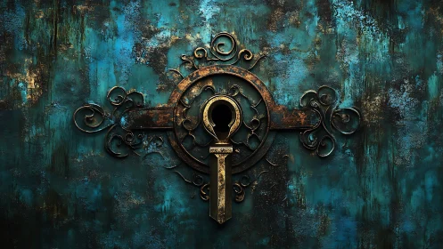 Ornate brass keyhole on oxidized teal patina metal surface