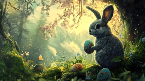 Twilight grove bunny cradling enchanted painted eggs.