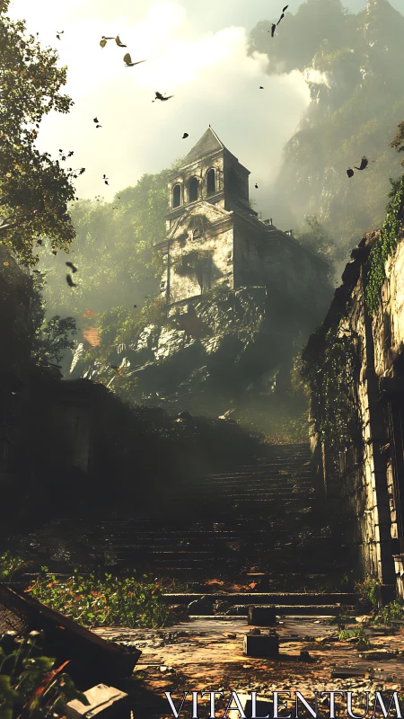 Sunlit ruined bell tower crowns overgrown stone stairway.