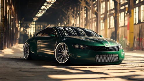 Low-slung green sports car rests in a sunlit industrial hall