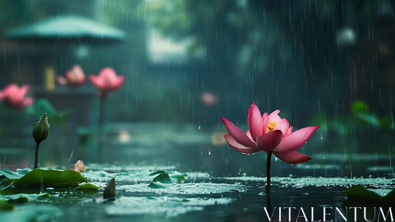 Pink lotus flower in calm pond under steady rainfall.