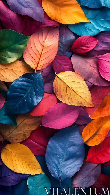Multicolored leaves are arranged in a tightly packed surface