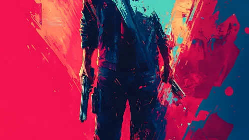 Dynamic gunman silhouette rendered in high-contrast neon palette