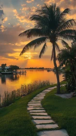 Sunlit palm-lined path curves beside a tranquil golden bay