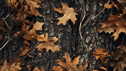 Crisp autumn oak leaves rest gently on rough tree bark