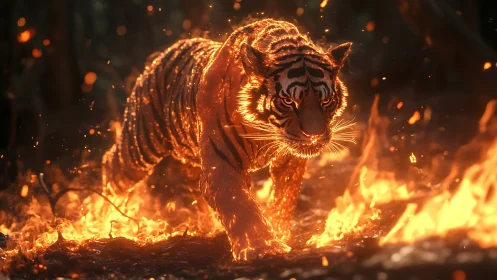 Blazing tiger strides through glowing forest fire with power