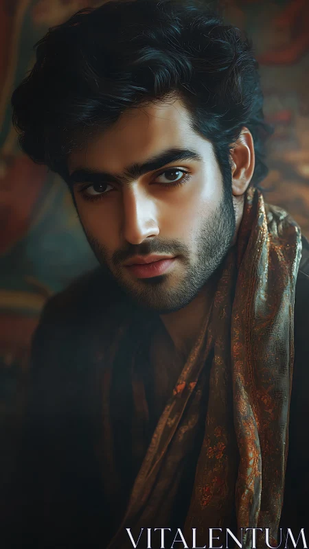 Cinematic portrait of young man in ornate patterned shawl.
