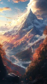 Sunlit alpine peak dominates a mist-filled autumn valley